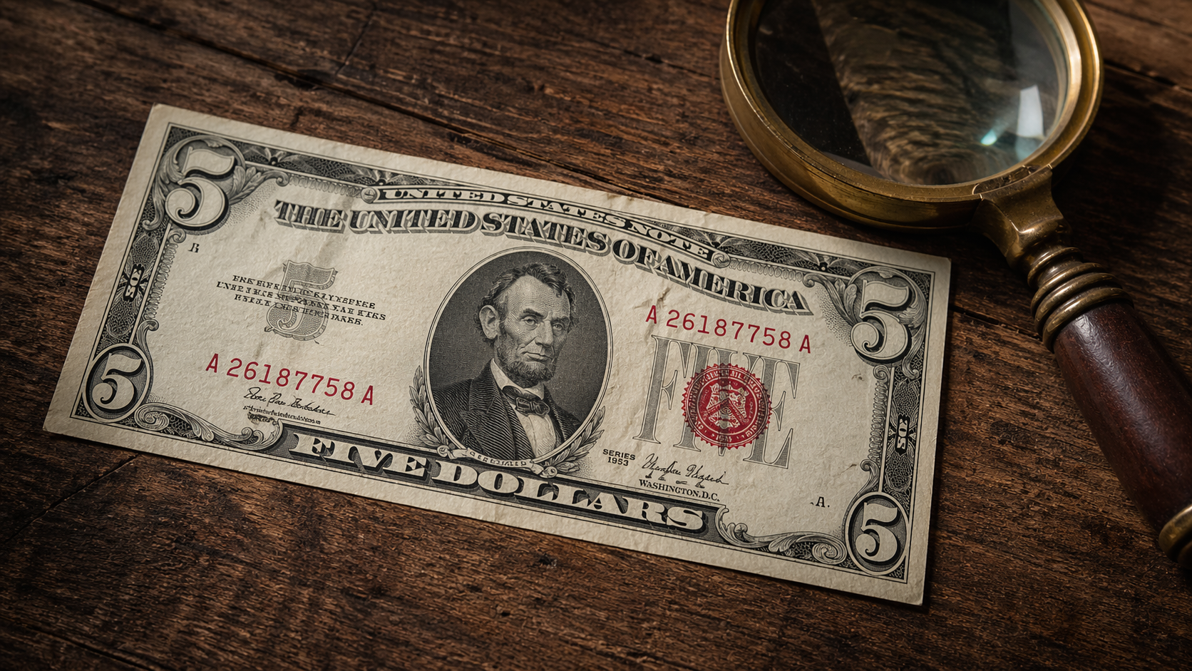 1953 Red Seal $5 bill value on wooden surface