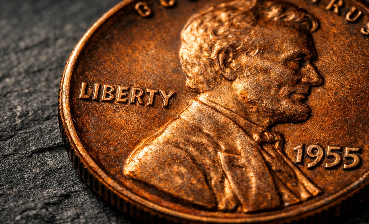 alt="1955 double die penny close-up showing doubled date and LIBERTY text