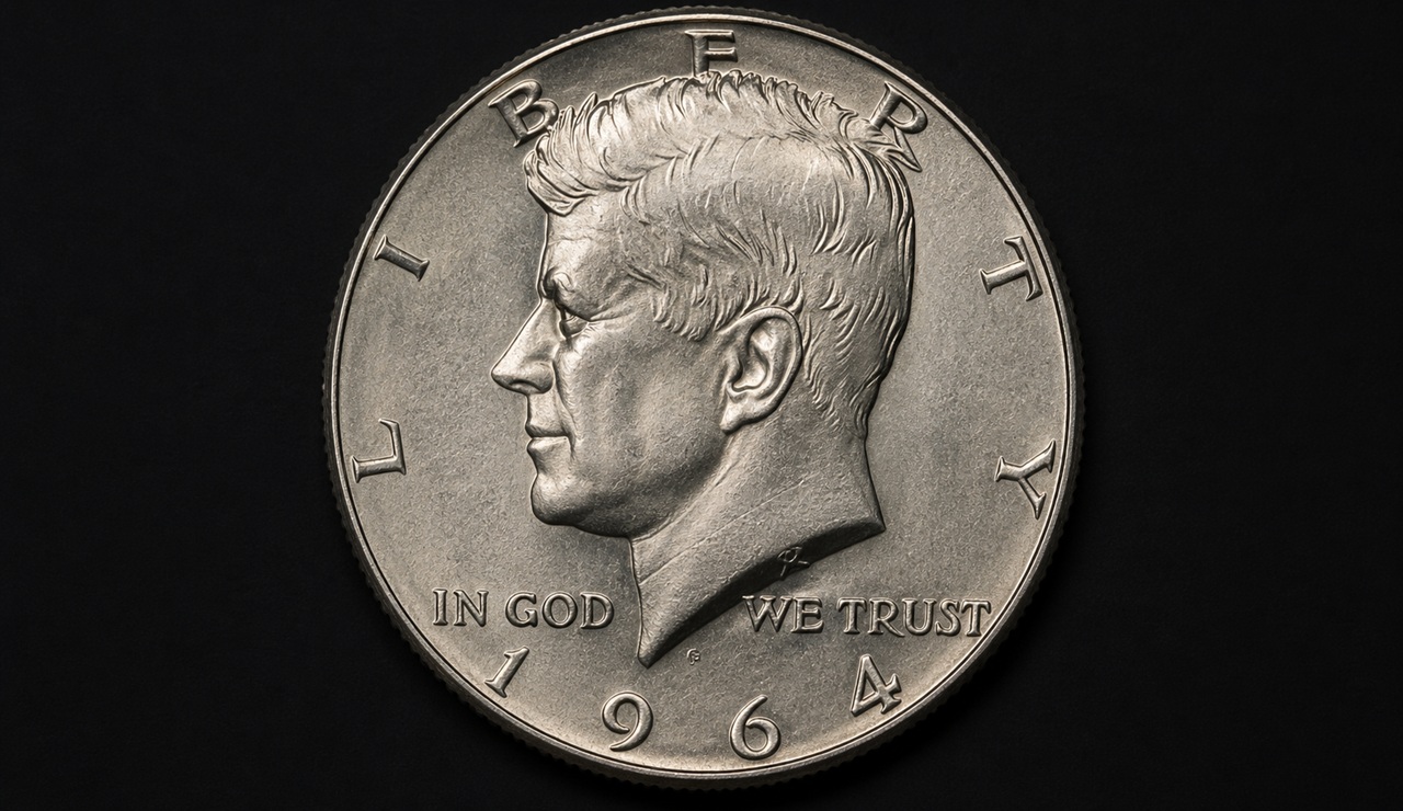 1964 Accented Hair Kennedy Half Dollar obverse close-up showing hair detail