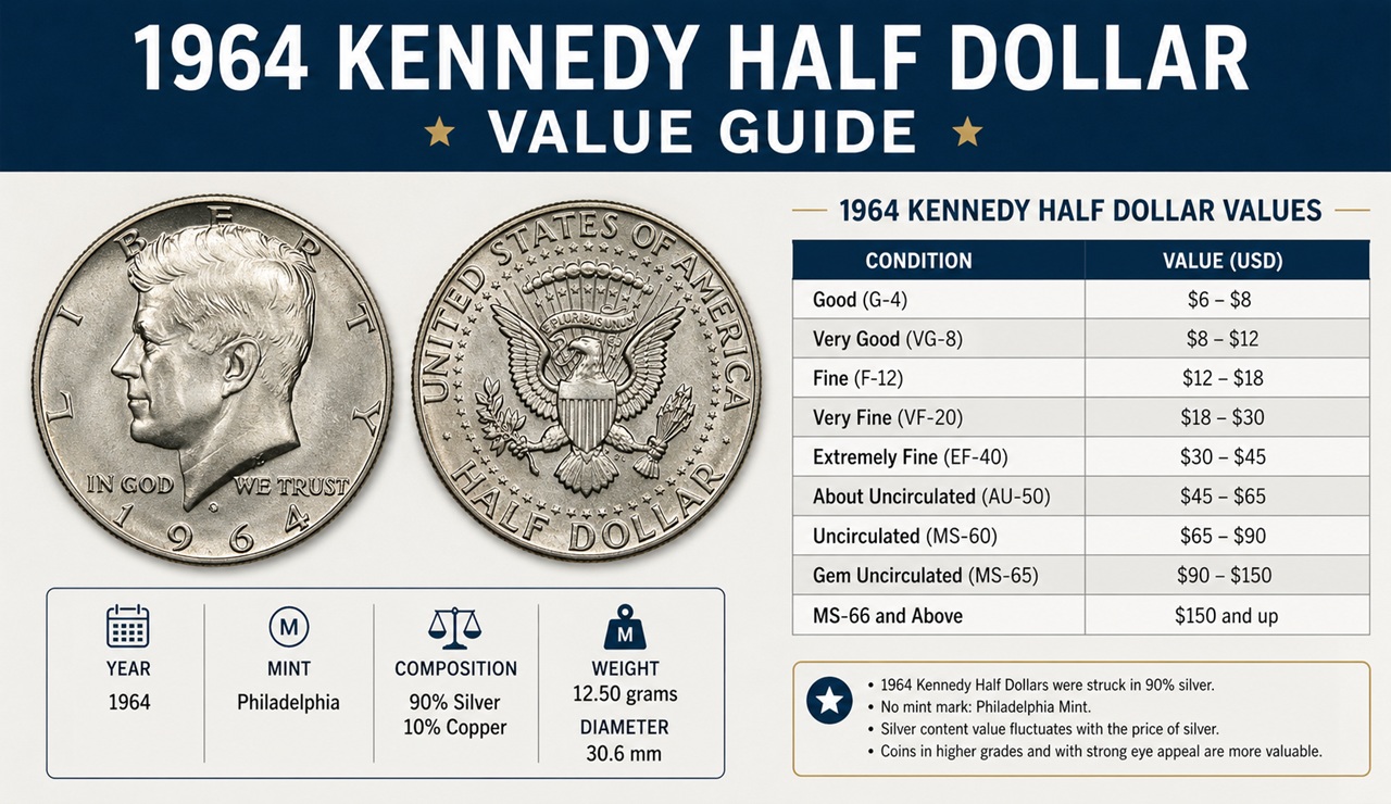 1964 Kennedy half dollar value price guide obverse reverse