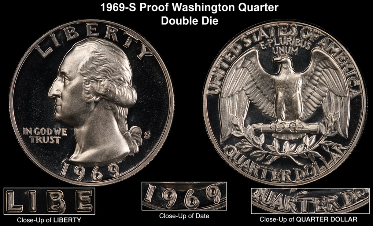 1969-S Proof Washington Quarter Double Die obverse close-up
