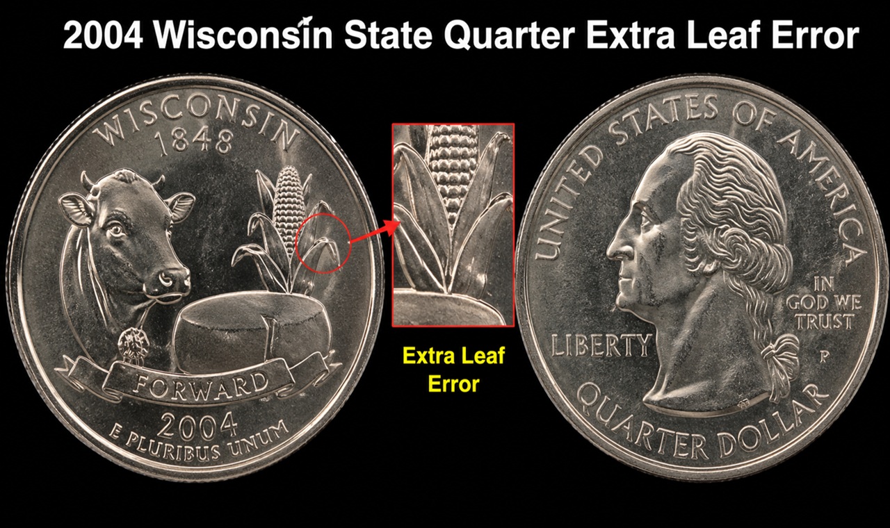 2004 Wisconsin State Quarter extra leaf error close-up