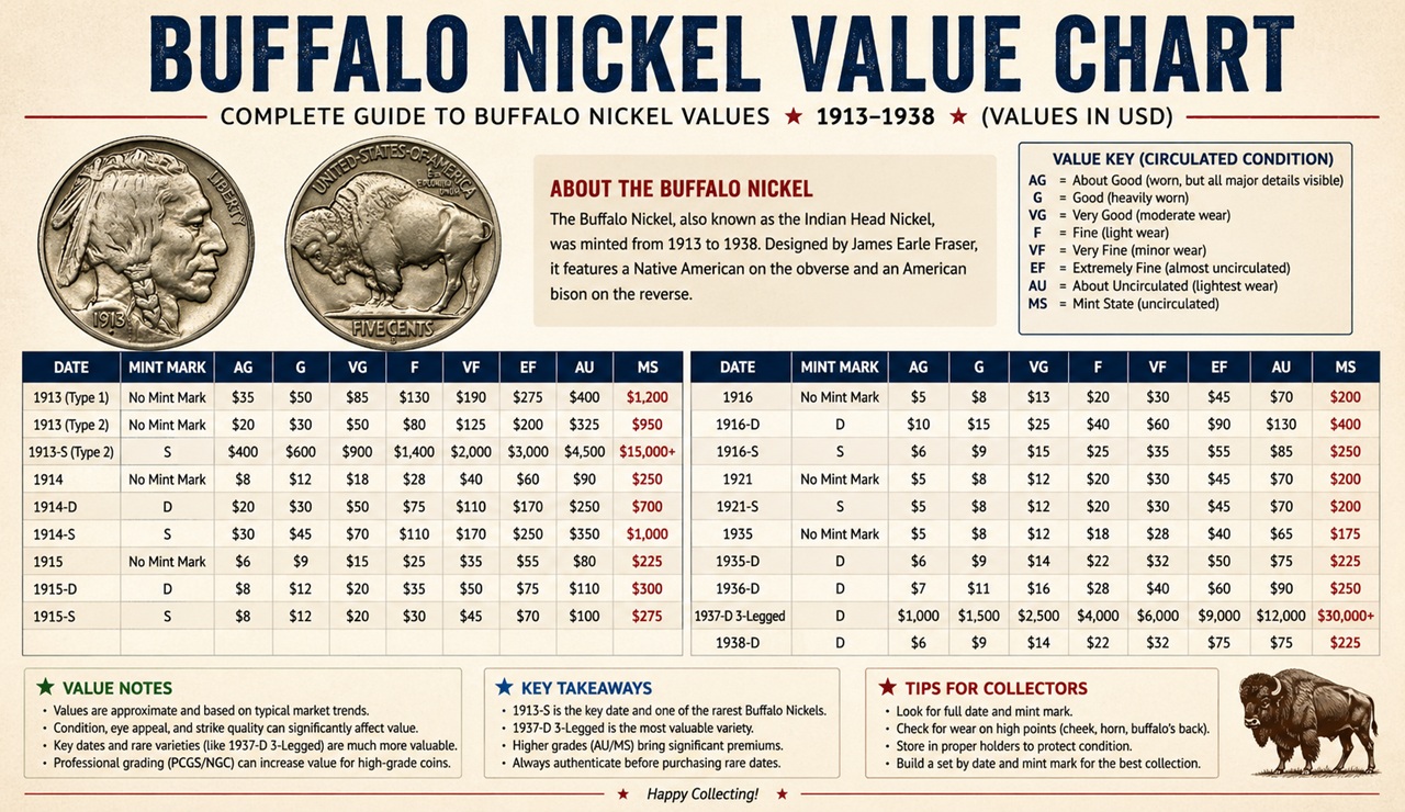 Buffalo nickel value chart by year mint mark and grade