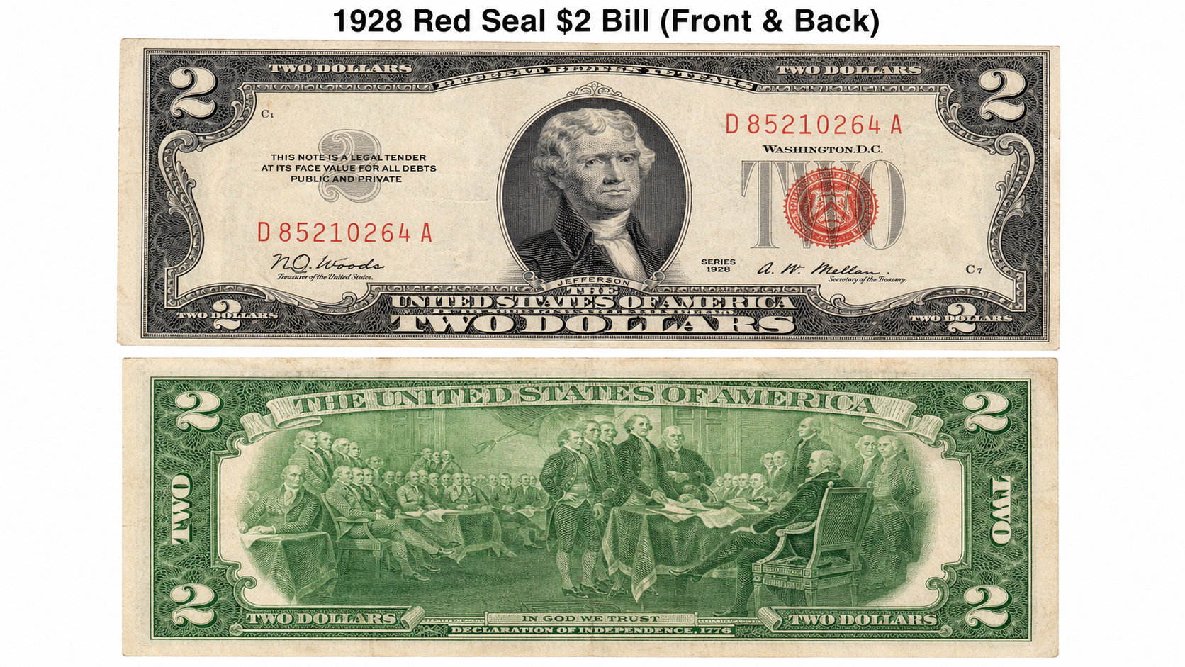 1928 Red Seal $2 bill front and back view