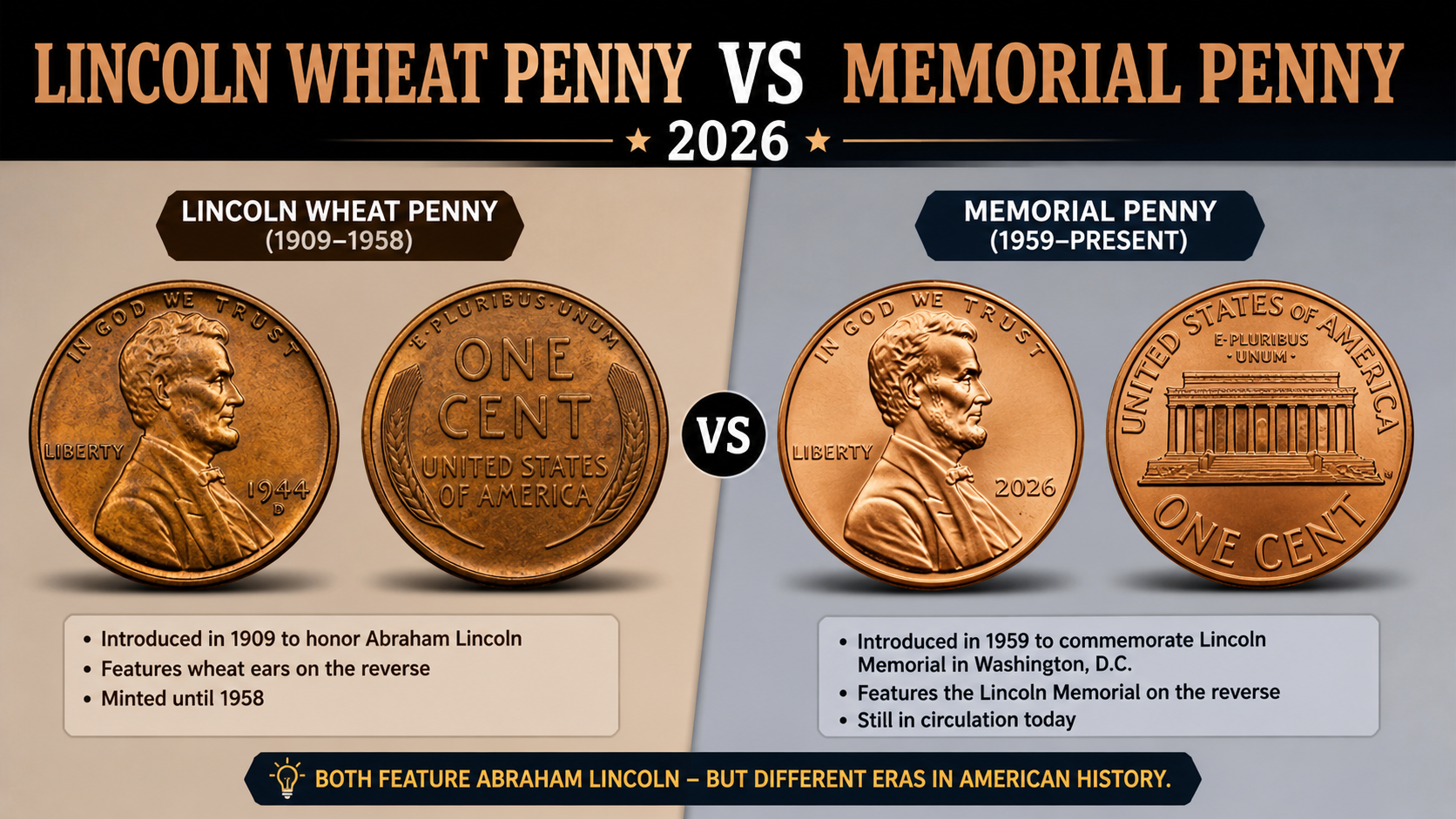 Lincoln Wheat Penny vs Memorial Penny comparison 2026