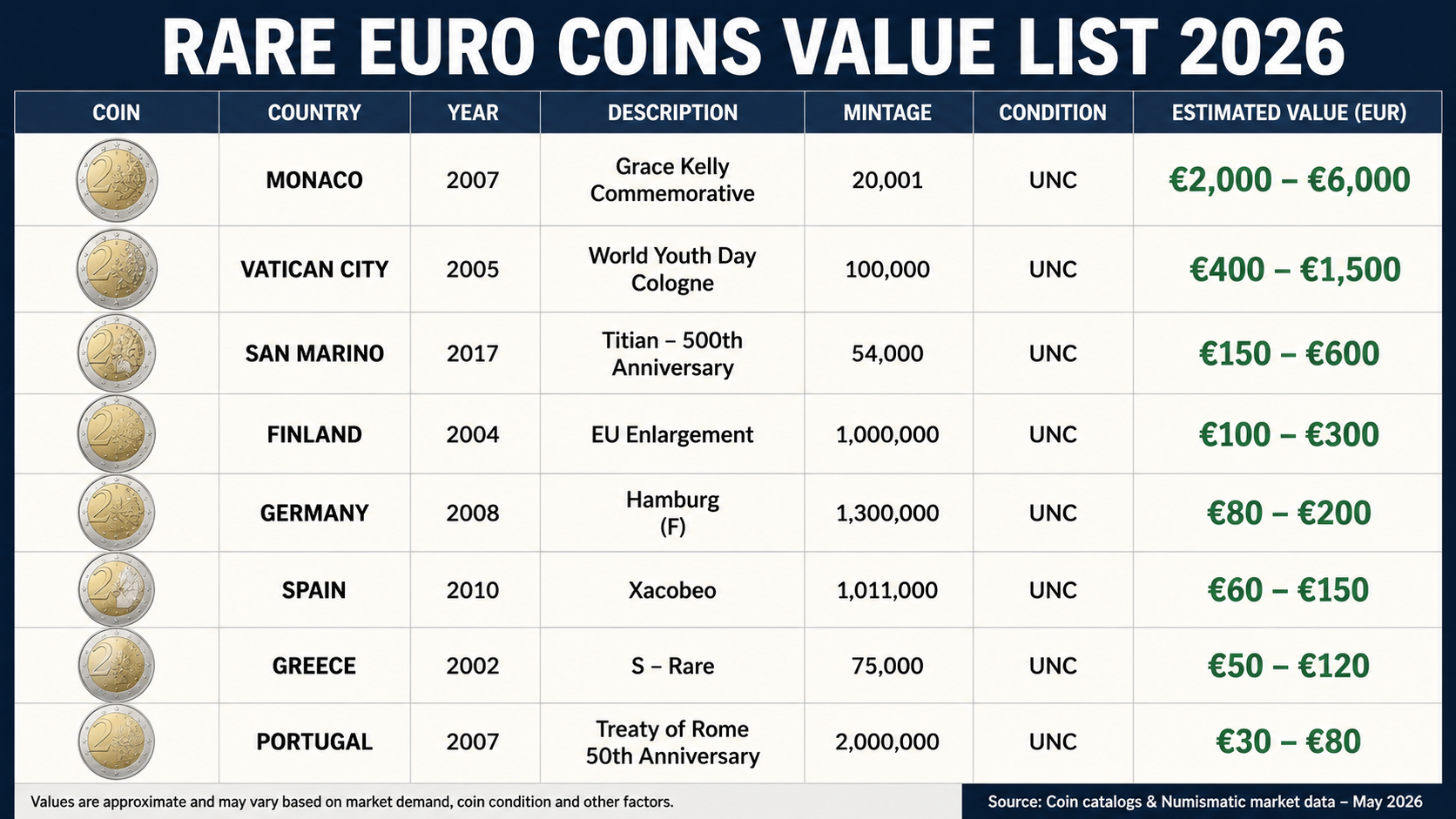rare euro coins value list 2026 denominations