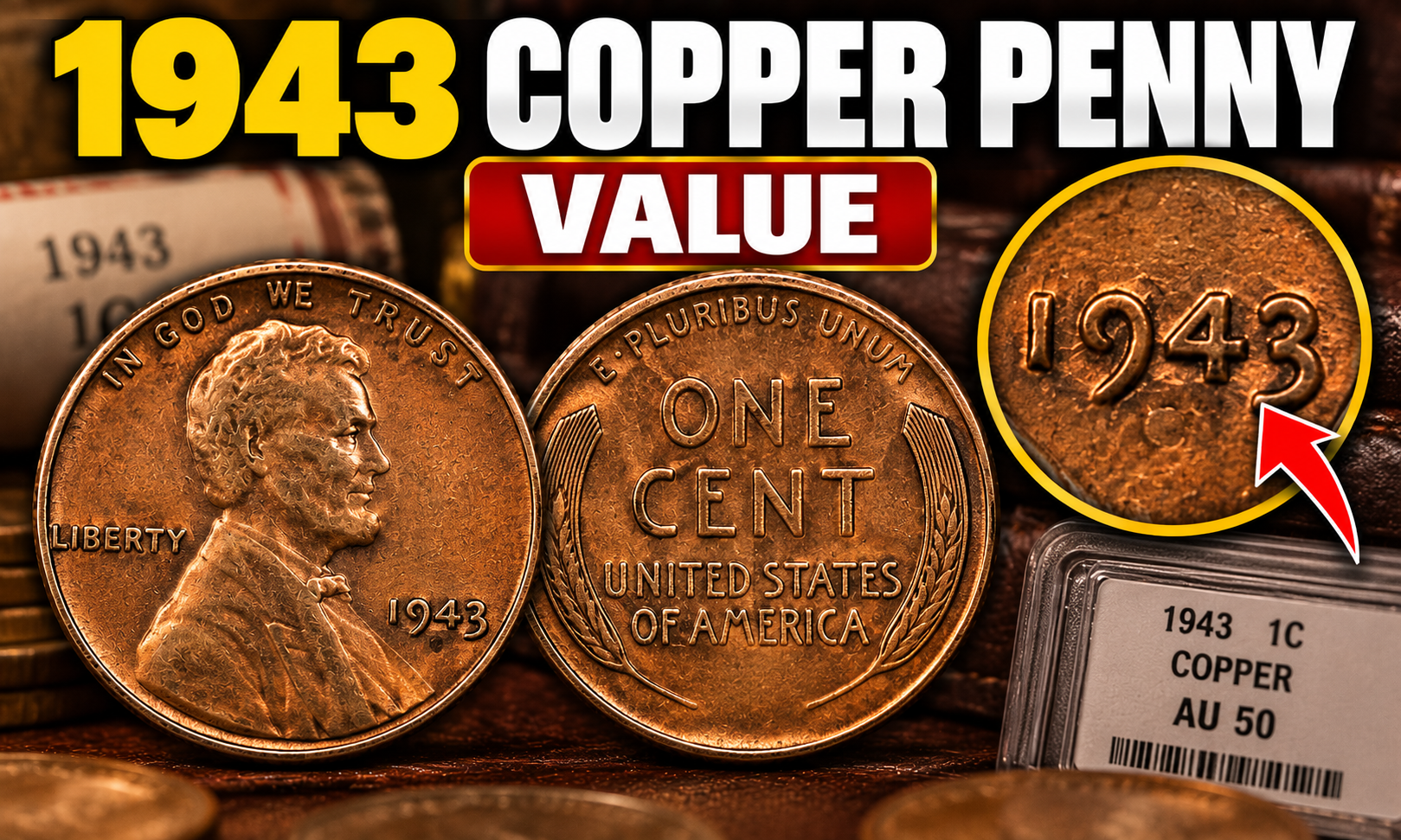 1943 copper penny value shown next to a steel cent