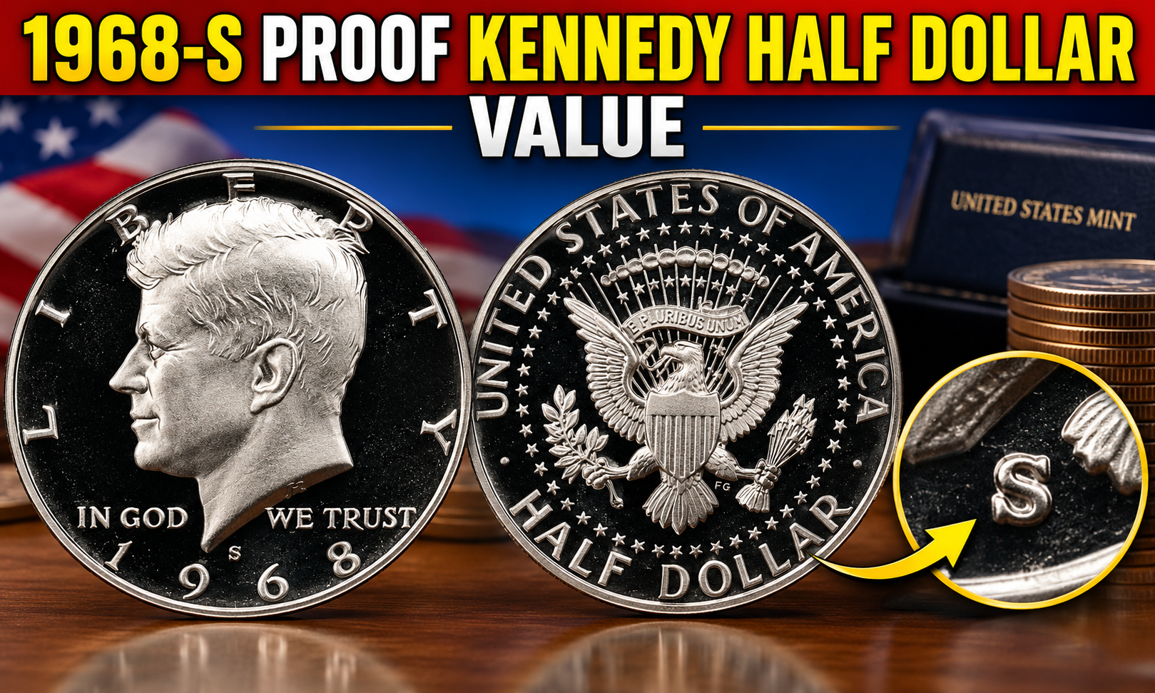 1968-S proof Kennedy half dollar value obverse and reverse